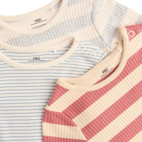 M&S Boys Cotton Rich Striped Long Sleeve Bodysuits, 3-6 M, Red thumbnail 2