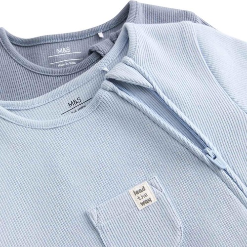 M&S Cotton Rich Ribbed Sleepsuits, 2-3 Y, Blue thumbnail 2