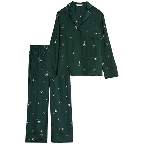 M&S Womens Dream Satin Cocktail Print Pyjama Set, 12, Light Green