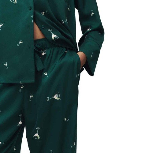 M&S Womens Dream Satin Cocktail Print Pyjama Set, 12, Light Green thumbnail 8