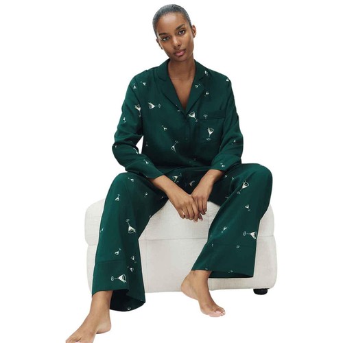 M&S Womens Dream Satin Cocktail Print Pyjama Set, 14, Light Green thumbnail 6