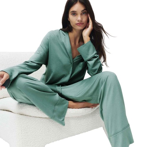 M&S Womens Cotton Modal Revere Pyjama Set, XS, Green thumbnail 3