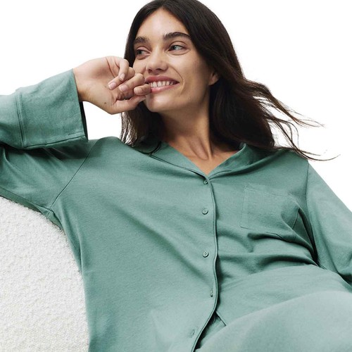 M&S Womens Cotton Modal Revere Pyjama Set, XS, Green thumbnail 4