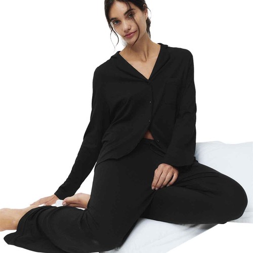 M&S Womens Cotton Modal Revere Pyjama Set, S, Black thumbnail 5