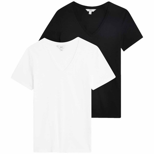 M&S Womens Pure Cotton V-Neck Relaxed T-Shirts, 18, Black/White thumbnail 2
