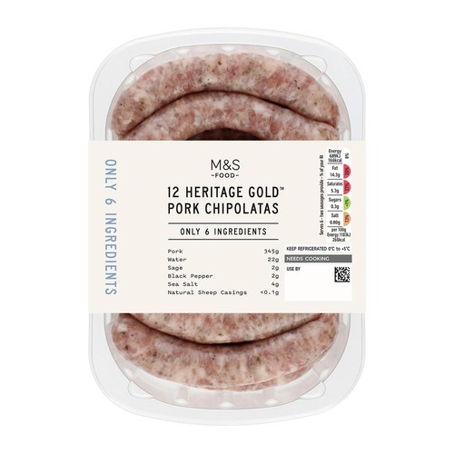 M&S Only 6 Ingredients 12 Heritage Gold Pork Chipolatas