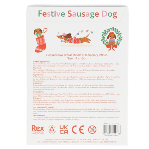 Rex London Christmas Sausage Dog Temporary Tattoos thumbnail 2