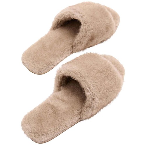 M&S Faux Fur Open Toe Slider Slippers, Size 5, Natural