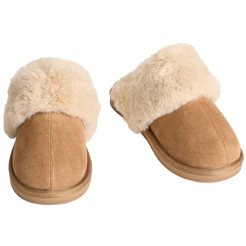 M&S Suede Faux Fur Trim Mule Slipper, Size 6, Chestnut thumbnail 2