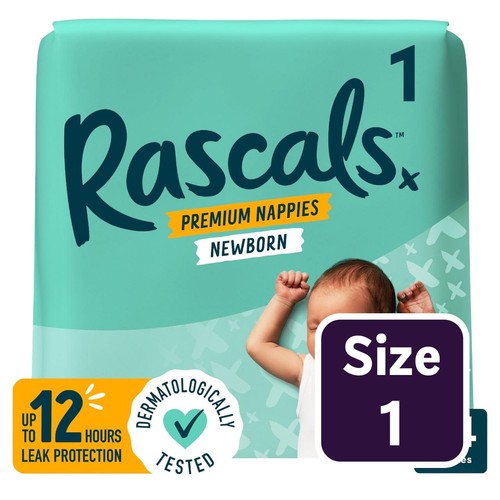 Rascals Premium Nappies, Size 1 (3-5kg)