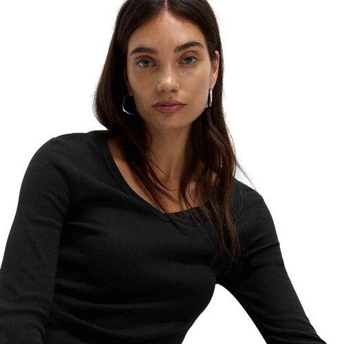 M&S Womens Cotton Rich Ribbed Plain V-Neck Slim Fit Top, 14, Black thumbnail 3