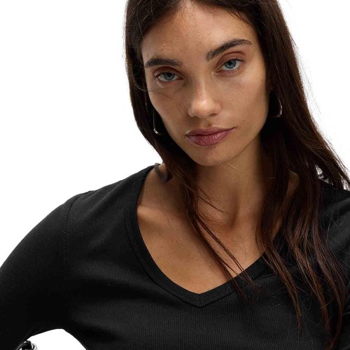 M&S Womens Cotton Rich Ribbed Plain V-Neck Slim Fit Top, 14, Black thumbnail 4