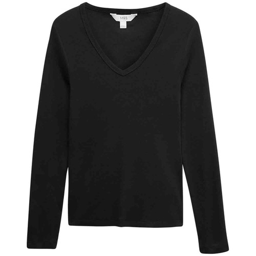 M&S Womens Cotton Rich Ribbed Plain V-Neck Slim Fit Top, 16, Black