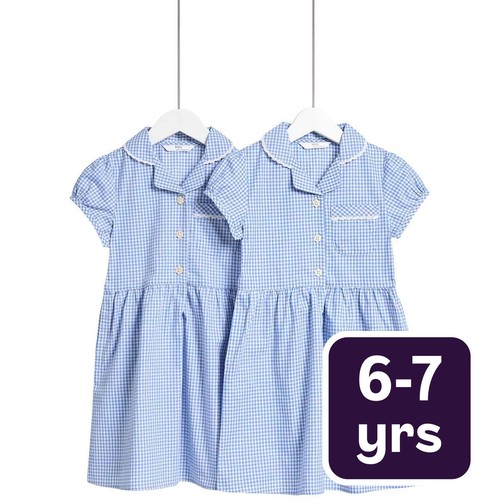 M&S Girls Cotton Rich School Dresses, 6-7 Years, Light Blue