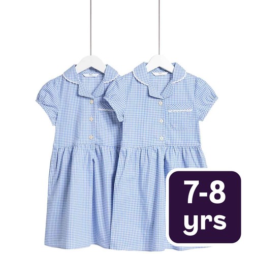M&S Girls Cotton Rich School Dresses, 7-8 Years, Light Blue