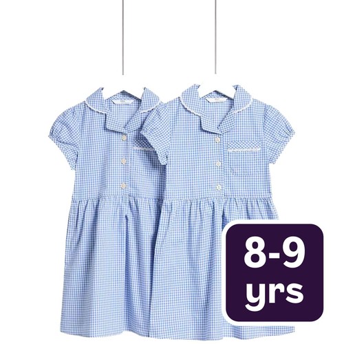 M&S Girls Cotton Rich School Dresses, 8-9 Years, Light Blue