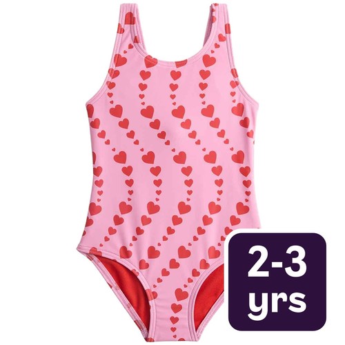 M&S Girls Heart Print Swimsuit, 2-3 Years, Magenta