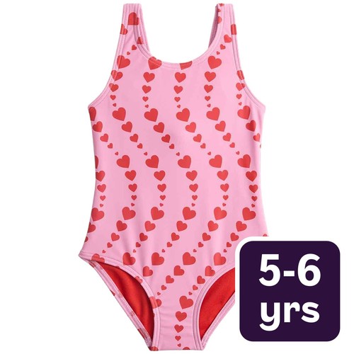 M&S Girls Heart Print Swimsuit, 5-6 Years, Magenta