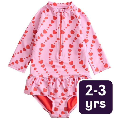 M&S Girls Heart Print Long Sleeve Swimsuit, 2-3 Years, Magenta