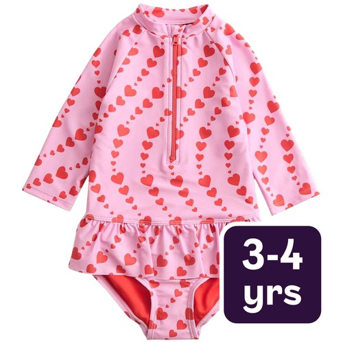 M&S Girls Heart Print Long Sleeve Swimsuit, 3-4 Years, Magenta