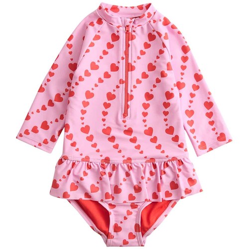 M&S Girls Heart Print Long Sleeve Swimsuit, 5-6 Years, Magenta thumbnail 2
