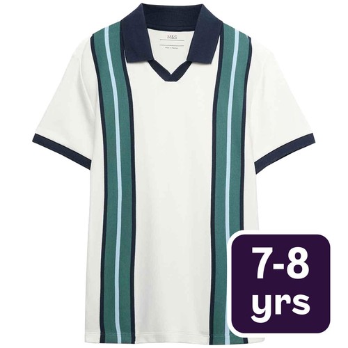 M&S Boys Striped Polo Shirt, 7-8 Years, Green Mix