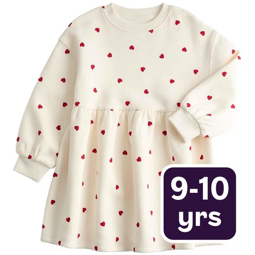 M&S Girls Ditsy Heart Dress, 9-10 Years, Ecru Mix