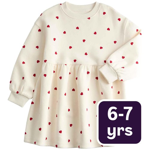 M&S Girls Ditsy Heart Dress, 6-7 Years, Ecru Mix