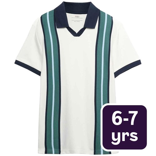 M&S Boys Striped Polo Shirt, 6-7 Years, Green Mix