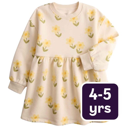 M&S Girls Flower Print Sweatshirt Dress, 4-5 Years, Ecru