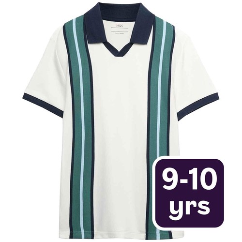 M&S Boys Striped Polo Shirt, 9-10 Years, Green Mix