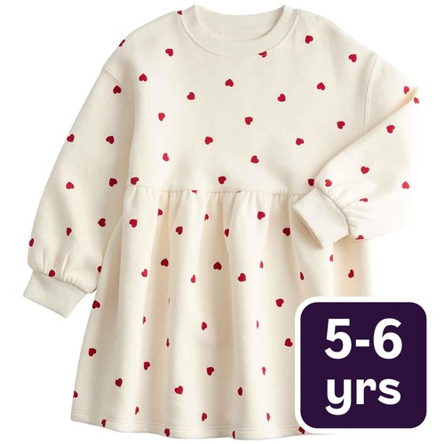 M&S Girls Ditsy Heart Dress, 5-6 Years, Ecru Mix