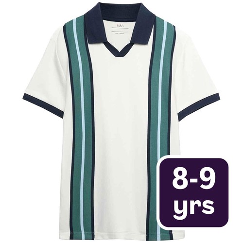 M&S Boys Striped Polo Shirt, 8-9 Years, Green Mix