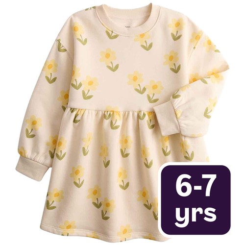 M&S Girls Flower Print Sweatshirt Dress, 6-7 Years, Ecru
