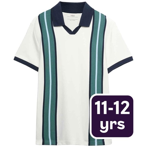 M&S Boys Striped Polo Shirt, 11-12 Years, Green Mix