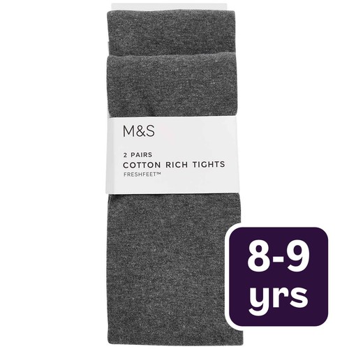 M&S Girls Cotton Rich School Tights, 8-9 Years, Grey