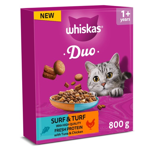 Whiskas 1+ Adult Complete Dry Cat Food Duo Surf & Turf 800g