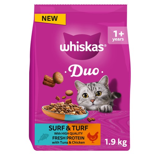 Whiskas 1+ Adult Complete Dry Duo Cat Food Surf & Turf 1.9kg