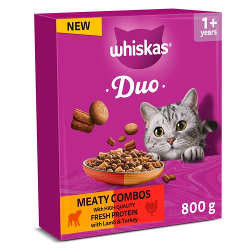 Whiskas 1+ Adult Complete Dry Cat Food Duo Meaty Combo 800g