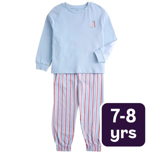 M&S Boys Pure Cotton Graphic Pyjama Set, 7-8 Years, Blue