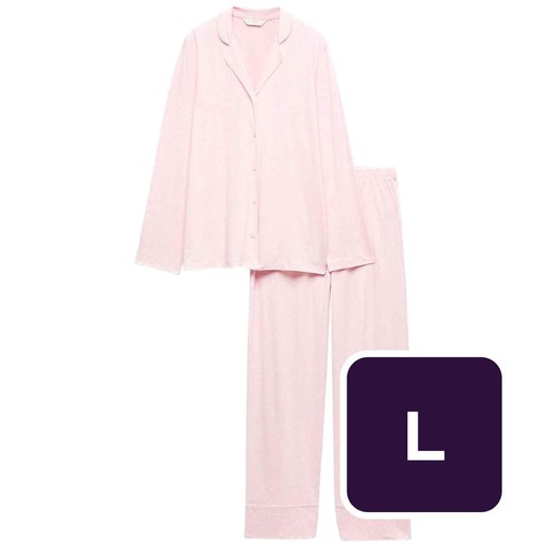 M&S Womens Soft Touch Printed Revere Pyjama Set, Large, Pink Mix