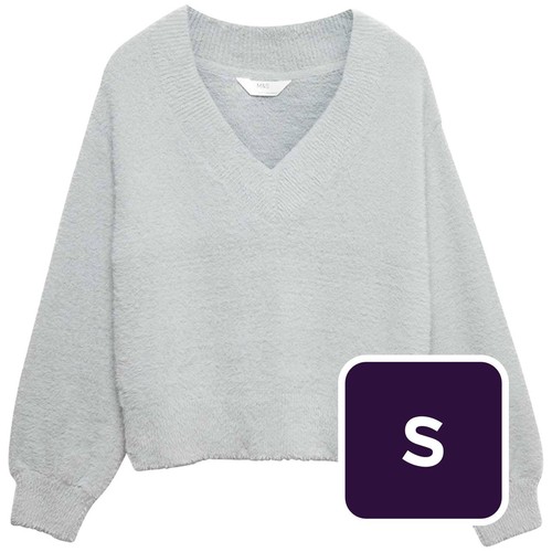 M&S Womens Feather Knit V-Neck Pyjama Top, S, Grey
