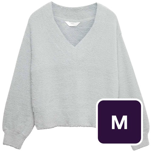 M&S Womens Feather Knit V-Neck Pyjama Top, M, Grey