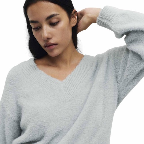 M&S Womens Feather Knit V-Neck Pyjama Top, M, Grey thumbnail 4
