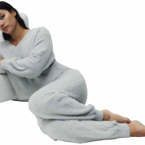 M&S Womens Feather Knit V-Neck Pyjama Top, M, Grey thumbnail 6
