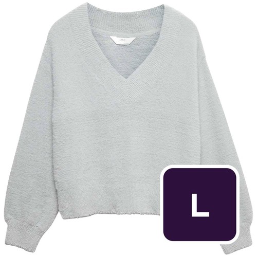 M&S Womens Feather Knit V-Neck Pyjama Top, L, Grey