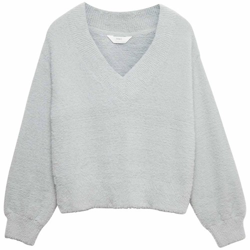 M&S Womens Feather Knit V-Neck Pyjama Top, XL, Grey