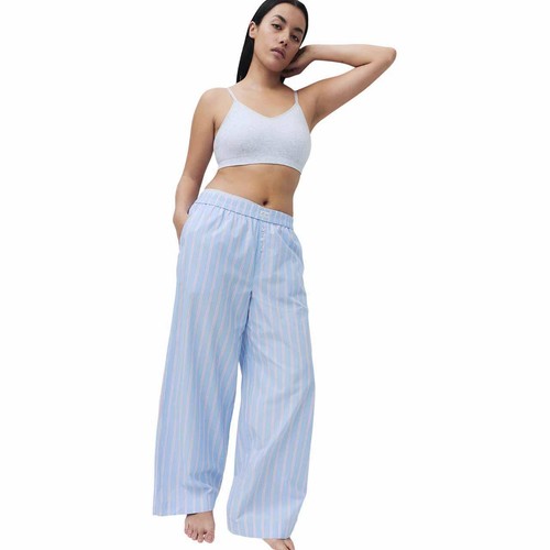 M&S Womens Pure Cotton Striped Wide Leg Pyjama Bottoms, 14, Blue thumbnail 3