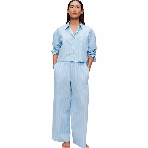 M&S Womens Pure Cotton Striped Wide Leg Pyjama Bottoms, 16, Blue thumbnail 2