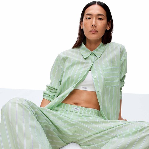 M&S Womens Pure Cotton Striped Wide Leg Pyjama Bottoms, 14, Green thumbnail 4